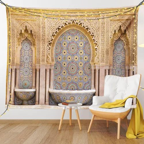 Vista 9 de Ambesonne Tapiz marroquí, típica fuente marroquí de azulejos en la ciudad de Rabat cerca de la torre Hassan, decoración de tela para colgar