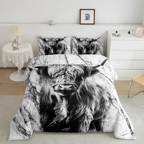 Vista 33 de Ropa de cama con estampado de vaca marrón tamaño individual, juego de edredón rústico de piel de vaca con calavera de vaca, relleno de edredón