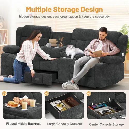 Vista 4 de Dresegmt - Juego de sofá reclinable con consola, diseño de respaldo central abatible, sofá de 3 plazas y sillón reclinable individual, sofás Gris