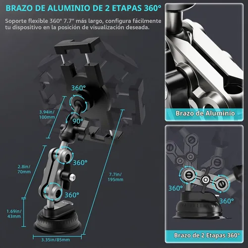 Vista 3 de Porfortop - Soporte de aluminio resistente para tablero de instrumentos y parabrisas, soporte de metal de 360° de 2 etapas, ventosa para iPad