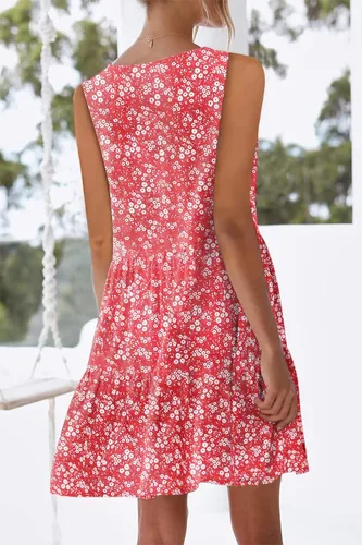 Vista 4 de nclook Vestido casual de verano para mujer, dulce y lindo, con cuello en V, con bolsillo, sin mangas