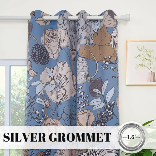 Vista 4 de Cortinas opacas bohemias para dormitorio, cortinas modernas de mediados de siglo color azul, cortinas térmicas con ojales para oscurecer