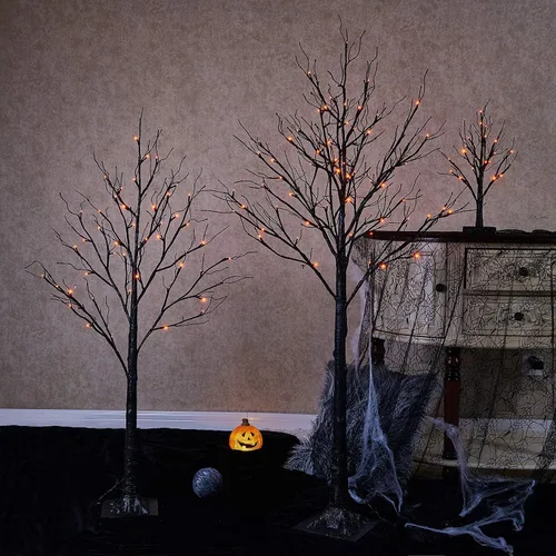 Vista 8 de Hairui Árbol espeluznante de mesa iluminado con purpurina negra con luces naranjas, 24 LED de 18 pulgadas, para decoración de bruja de Halloween