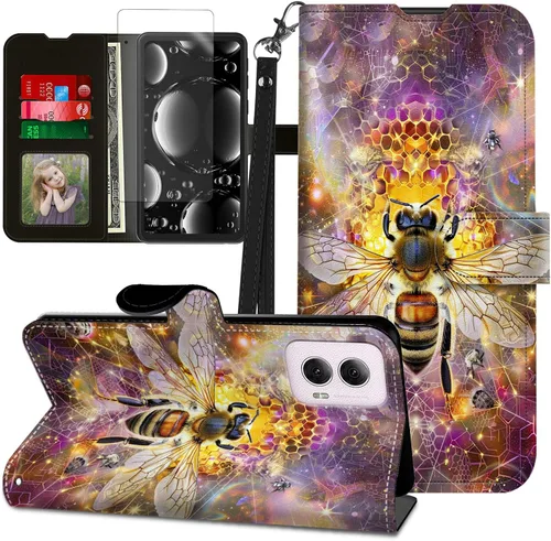 Vista 328 de Funda para Motorola Edge 2022 con protector de pantalla, soporte y tarjetero y correa para la muñeca, funda magnética para Moto Edge 2022 5G UW Lobo