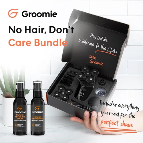 Vista 2 de GROOMIE Paquete sin pelo, no importa, afeitadoras eléctricas 5D BaldiePro para hombres calvos, aceite natural para preafeitado para promover