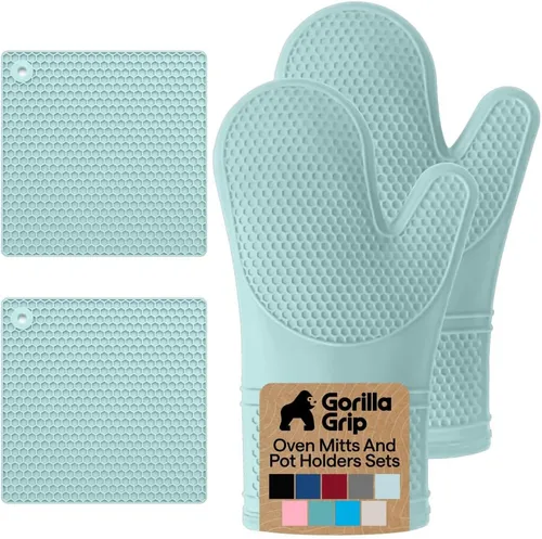 Vista 23 de GORILLA GRIP - Juego de guantes de horno de silicona suave sin BPA, guantes de cocina resistentes al calor e impermeables, forro de algodón grueso