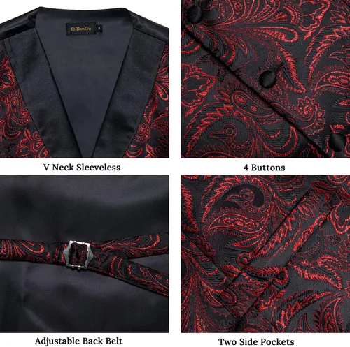 Vista 4 de DiBanGu Chaleco de traje de cachemira para hombre, chaleco jacquard de seda y corbata, chaleco formal de cuello de chal, 7 piezas para fiesta