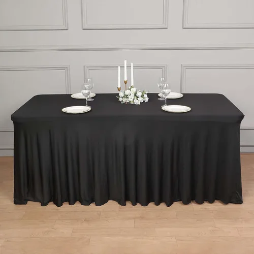 Vista 8 de Efavormart - Falda de mesa rectangular de una pieza de elastano de 6 pies, color negro, con volantes
