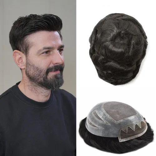 Vista 44 de Toupee - Piezas de pelo para hombres, cabello humano real, sistema de reemplazo de cabello francés, encaje francés, extensiones de cabello