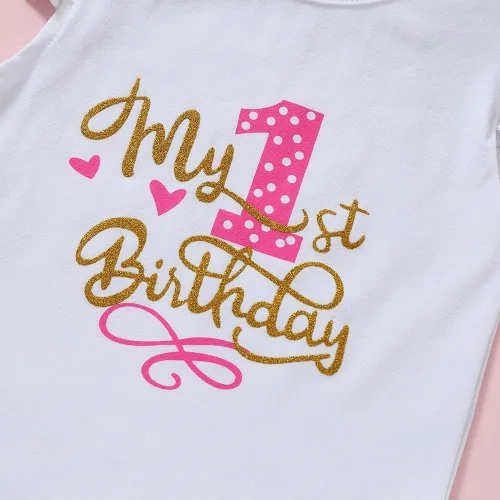 Vista 2 de Conjunto de mameluco de algodón para el primer cumpleaños para niñas con lentejuelas y lazo para la cabeza, 3 piezas