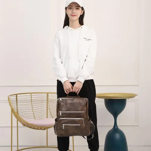 Vista 9 de Mochila para mujer, bolso de viaje de moda multiusos de cuero de la PU retro, Mochilas Daypack, M, Marrón