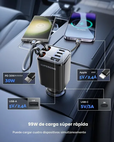 Vista 4 de SUPERONE - Cargador retráctil para automóvil, 99 W, con cables, carga rápida, adaptador USB C para iPhone 17, 16, 15, 14, 13, 12, Samsung, negro