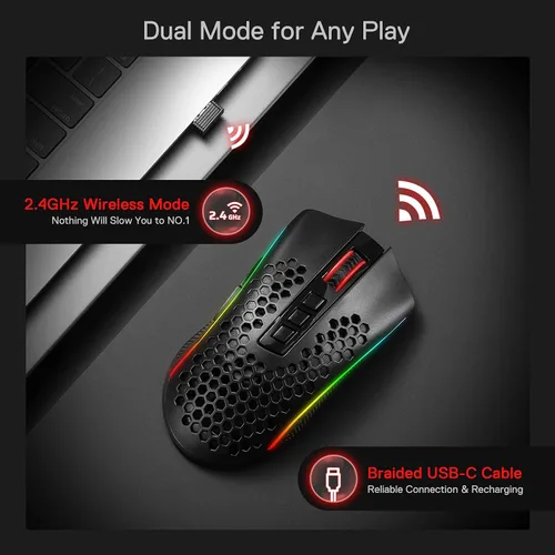 Vista 3 de Redragon M808 Storm Pro - Mouse inalámbrico para juegos, forma de panal RGB - Sensor óptico de 16,000 DPI, 7 botones programables, registro preciso
