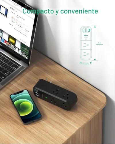Vista 6 de Mifaso - Extensor de tomacorriente USB, protector de sobretensiones con enchufe giratorio, 1800 julios, 6 tomas de corriente alterna y 3 puertos USB