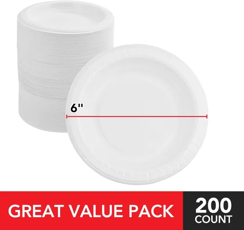 Vista 2 de Stock Your Home 200 platos de plástico blanco de alta calidad, platos desechables blancos de 6 pulgadas para pastel de boda, platos de postre