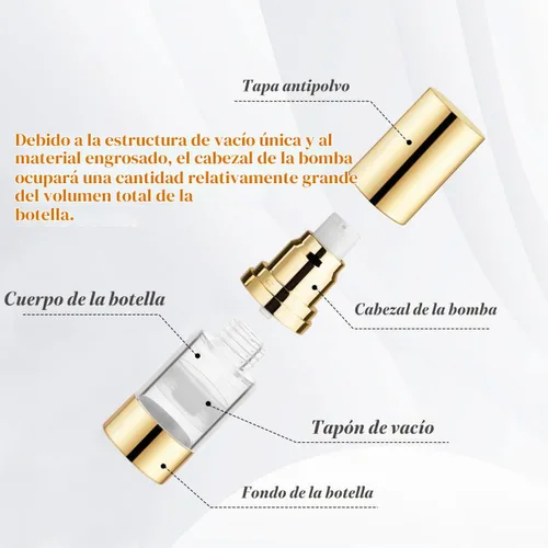 Vista 3 de 4 botellas de plástico transparente sin aire de 0.5 fl oz/0.5 oz con cabeza dorada, vacíos, rellenables, al vacío, cosméticos, almacenamiento