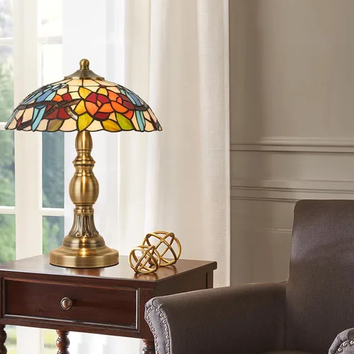 Vista 9 de Lámpara de mesa estilo Tiffany, lámpara de mesa de vidrio manchado, lámpara de decoración antigua artesanal para mesita de noche, dormitorio, sala