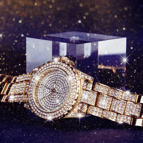 Vista 5 de Smalody Round Luxury Women Watch Crystal Rhinestone Diamond Watches Stainless Steel Wristwatch Iced Out Watch with Japan Quartz Movement for Women