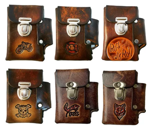 Vista 8 de Estuche de cigarrillos de cuero hecho a mano, bolsillo para encendedor, muchos diseños repujados