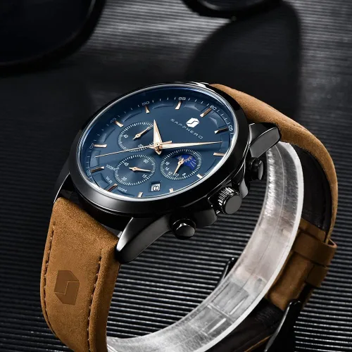 Vista 5 de SAPPHERO Watches for Men Quartz Chronograph 10ATM Waterproof Brown Leather Men's Fashion Business Wrist Watch (Battery is Dead)