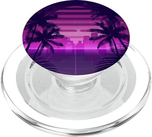 Vista 7 de Retro Synthwave Vaporwave 80s Style Design - Palmeras PopSockets intercambiables PopGrip