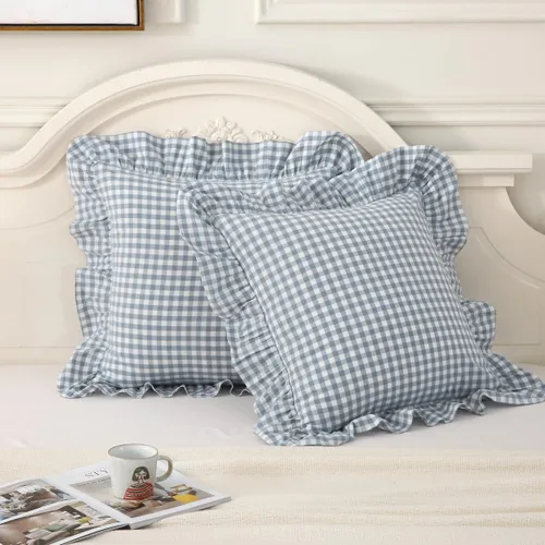 Vista 40 de Mywinlle juego de 2 fundas para cojín con volantes a cuadros negro/blanco, fundas de almohada decorativas de algodón lavado a cuadros estilo granja