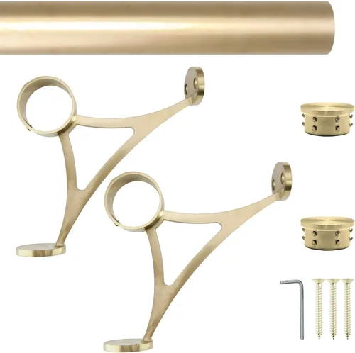 Vista 10 de Kit de riel de pie de montaje combinado, acabado dorado satinado, tubo de acero inoxidable de 2 pulgadas de diámetro exterior con conector interno