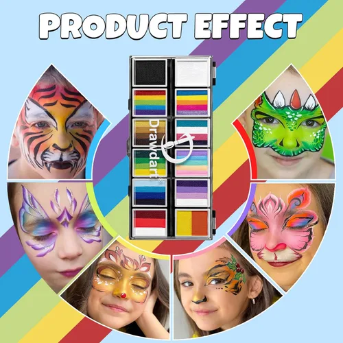 Vista 9 de Drawdart Kit profesional de pintura facial para niños y adultos, paleta de pintura facial Split Cake 12 x 10gm con plantilla, juego de pintura