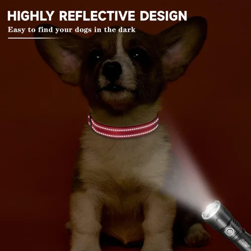 Vista 4 de Collar reflectante para perro con acolchado de neopreno suave, collar de nailon ajustable para perros pequeños, rojo, S