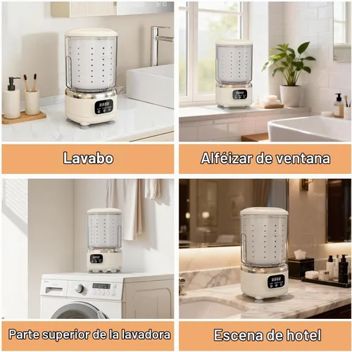 Vista 6 de Mini lavadora portátil, 2L USB recargable 3000 mAh con cesta de secado giratorio, 3 modos de limpieza de luz azul, compacta para dormitorio