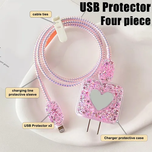 Vista 2 de Protector de cable compatible con cargador de iPhone de Apple con espejo, bonito diseño de corazón de amor con purpurina, funda USB de línea
