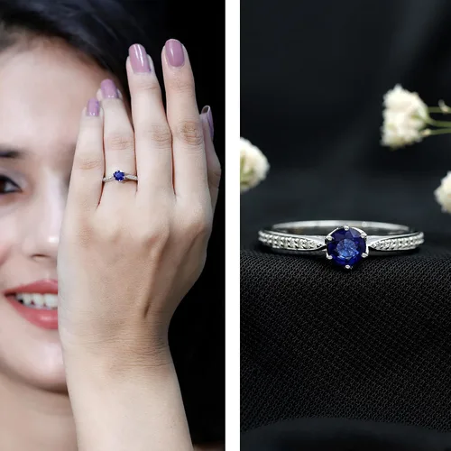 Vista 12 de Anillo de compromiso con solitario mínimo de zafiro azul, redondo de 0.197 in, calidad AAA, joyería inspirada en flores para mujer
