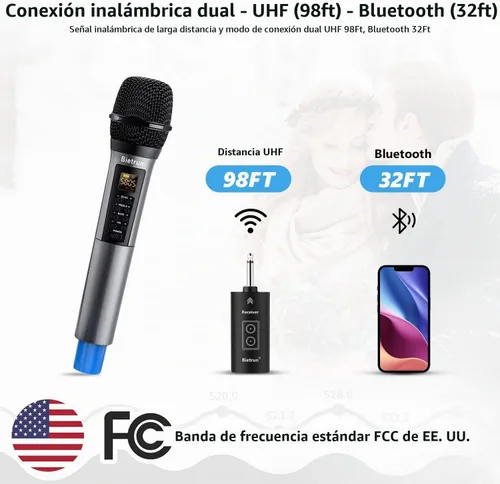 Vista 2 de Micrófono inalámbrico, micrófono de karaoke de mano dinámico de metal UHF, receptor recargable (funciona 6 horas), rango de 160 pies, para karaoke