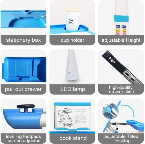 Vista 7 de LVYUAN Juego de escritorio y silla para niños, altura ajustable, lámpara Azul