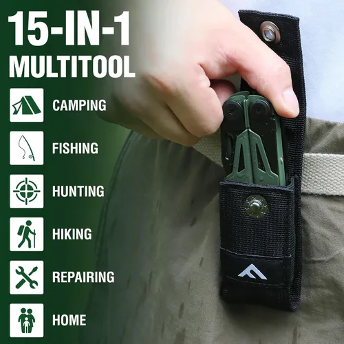 Vista 7 de FLISSA Multiherramienta, cuchillo de bolsillo multiherramienta 15 en 1 con funda, alicates multiherramienta EDC de acero inoxidable para hombres