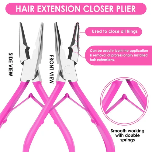 Vista 3 de Beauty & Crafts Herramientas de extensión de cabello, juego de alicates de acero inoxidable para microcuentas, 1 aguja de ganchillo, 1 gancho