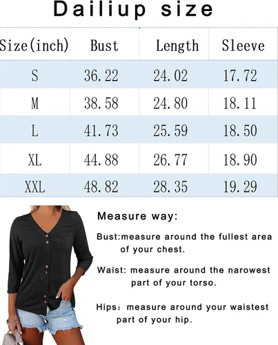 Vista 5 de Camisetas de manga 34 con cuello en V para mujer, con botones, estilo casual, lisas, blusas básicas