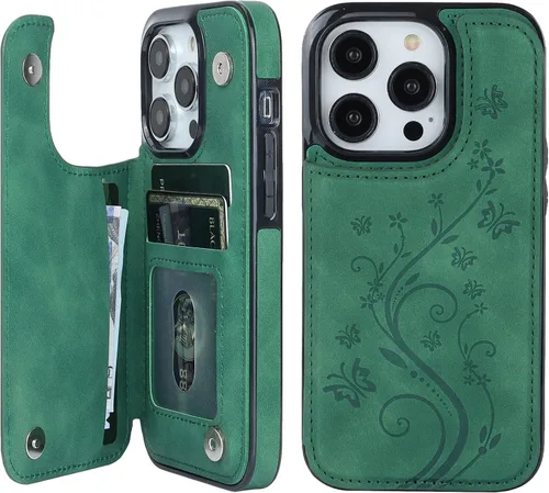Vista 12 de Vaburs Funda compatible con iPhone 14 Pro con tarjetero y diseño de mariposa en relieve, de piel sintética, doble botón, funda protectora a prueba