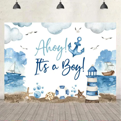 Vista 4 de Ticuenicoa Telón de fondo náutico para baby shower, 5 x 3 pies, nubes azules y blancas, diseño de barco faro para revelación de género, cabina