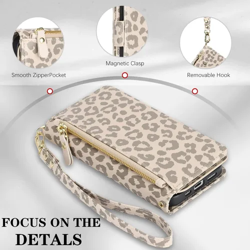 Vista 4 de Funda para iPhone 13 Pro Max/12 Pro Max con correa, leopardo beige Beige (Beige Leopard)