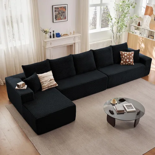 Vista 27 de Sofá modular de 96 pulgadas en forma de L, sofá modular de 3 asientos, sofá modular de pana de espuma viscoelástica sin hueso para sala de estar