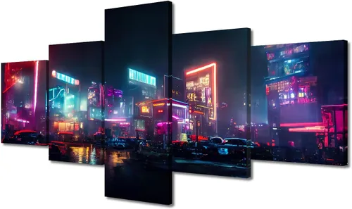 Vista 81 de Póster de 5 paneles en lienzo para decoración de pared, diseño de centro urbano Cyberpunk, impresión moderna, decoración de pared para el hogar