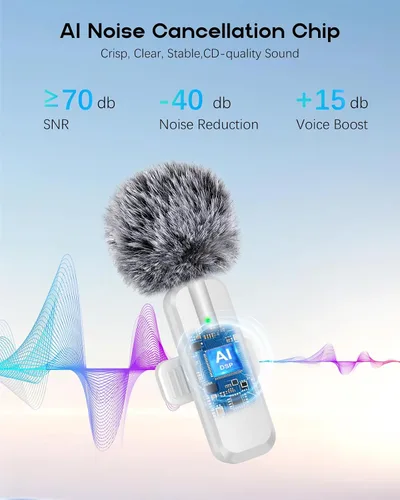 Vista 11 de Mini micrófono inalámbrico para iPhone, paquete de 2 micrófonos Lavalier para grabación de video, micrófono de solapa con reducción de ruido 2 en 1