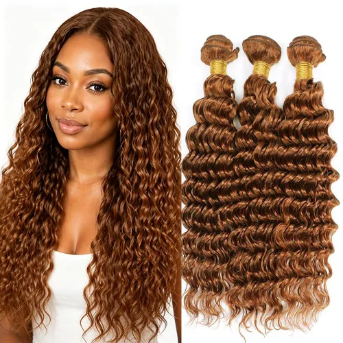 Vista 35 de P4613 Cabello humano rizado onda profunda marrón y paquetes mixtos 8 10 12 P4613 Ombre Marrón-Rubio-DP