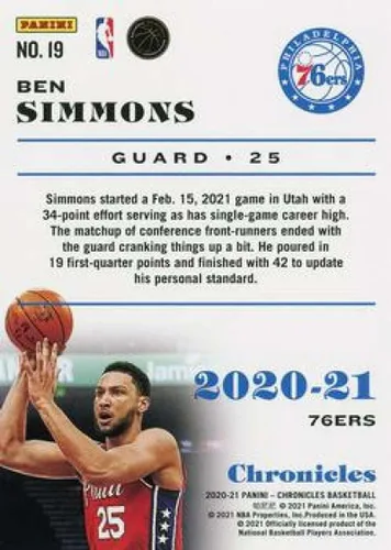 Vista 2 de 2020-21 Panini Chronicles #19 Ben Simmons Philadelphia 76ers NBA Basketball Trading Card
