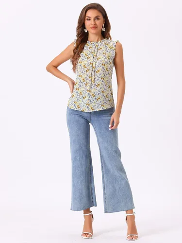 Vista 3 de Allegra K Blusa sin mangas para mujer, con volantes, para oficina, negocios, estilo vintage de los años 50, blusas florales
