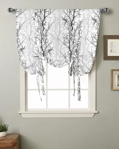 Vista 9 de Cenefa de amarre gris y rojo para cocina, sala de estar, cenefa de rama de árbol para ventanas, cenefa ajustable para ventana, bolsillo para barra