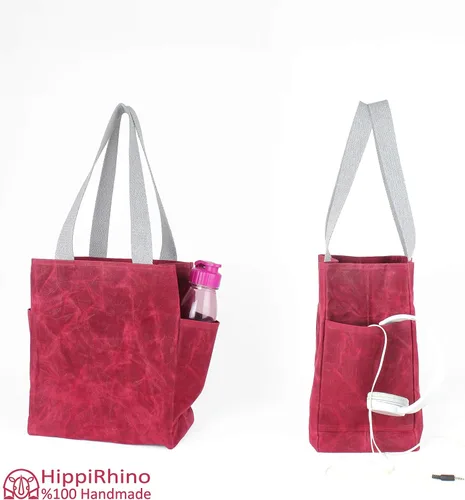 Vista 6 de Handmade Waxed Canvas Grocery Bag Pocket Bag Eco-Friendly Reusable Market Bag Extra Strong Large Shopping Farmers Bag Long Handles Stylish Cute Tote