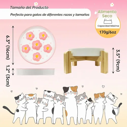 Vista 2 de Cuenco elevado para gatos de alimentación lenta – Rompecabezas laberinto plato de comida para gatos con soporte de bambú, antideslizante – Base Rosa