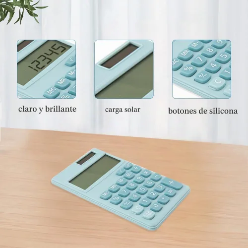 Vista 4 de Calculadora solar, mini calculadora básica, calculadoras escolares para estudiantes, calculadoras de bolsillo, accesorios de oficina azules